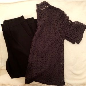 LOFT Grey Lace High Neck Shirt